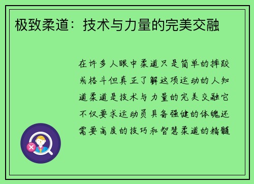 极致柔道：技术与力量的完美交融